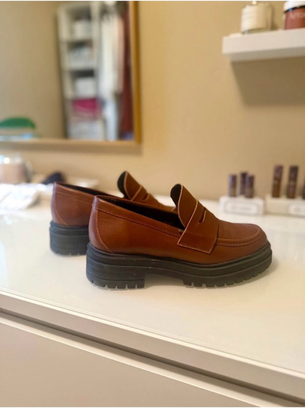 Women's Brown Leather Lug Sole Penny Loafers